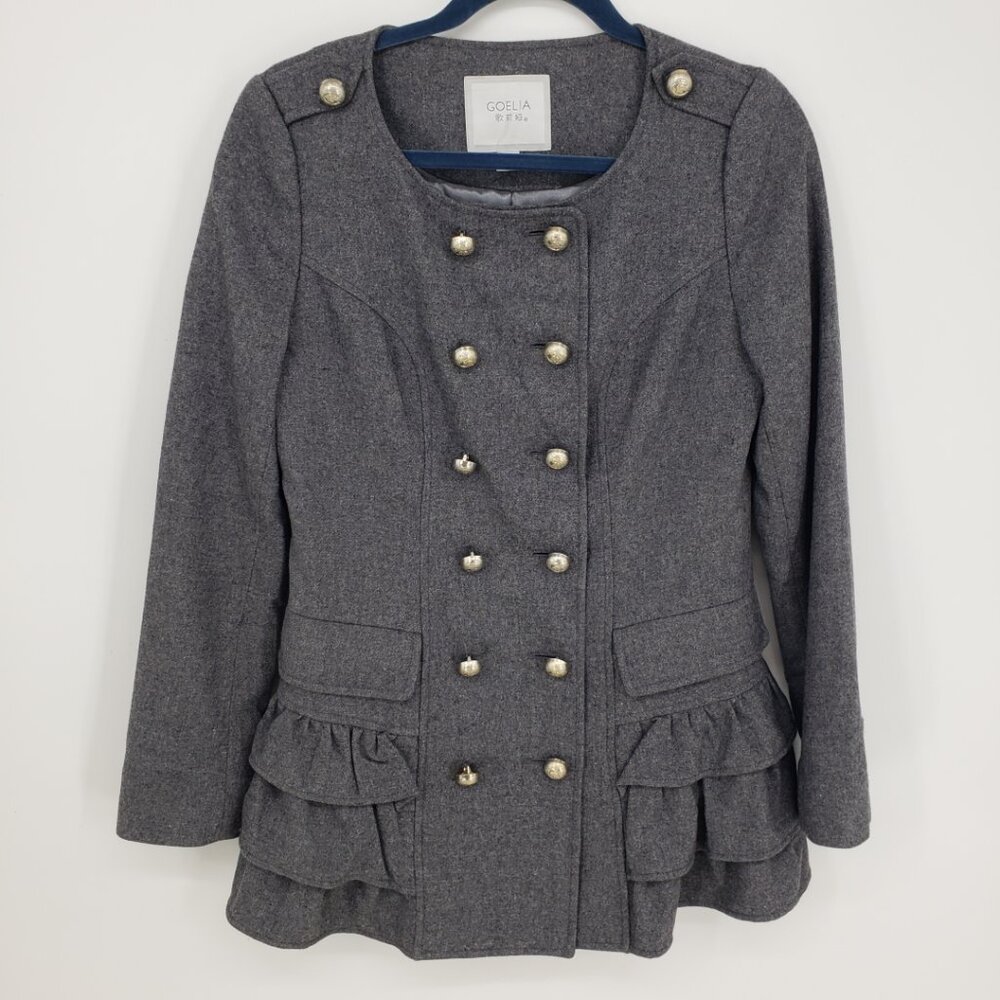 Goelia Double Breasted Coat M Tiered Ruffle Trim Collarless Charcoal Gray